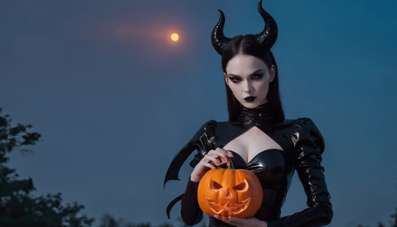 demon woman with pale skin dressed in latex leotard holding an halloween pumpkin at night, dressed in latex, gothic aesthetic, halloween vibes, horror cinematic, ultra detailed, masterpiece.