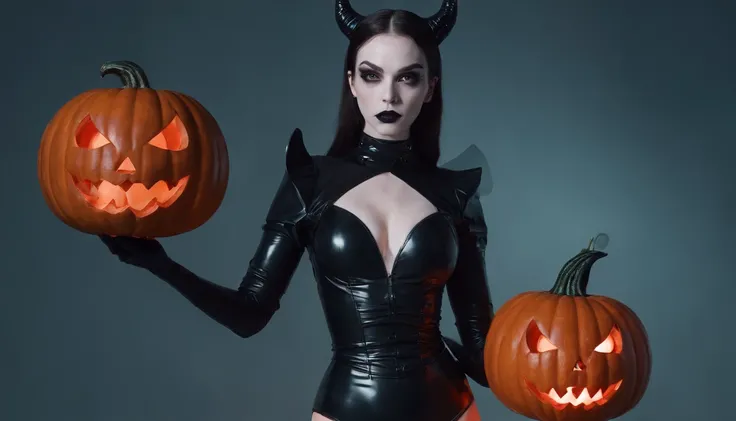 demon woman with pale skin dressed in latex leotard holding an halloween pumpkin at night, dressed in latex, gothic aesthetic, halloween vibes, horror cinematic, ultra detailed, masterpiece.