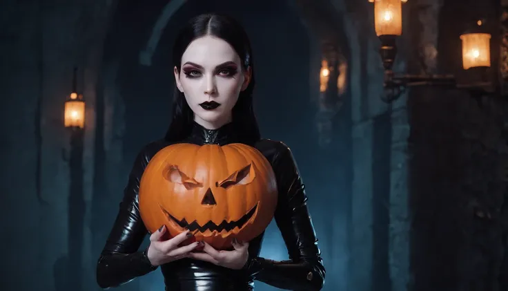 demon woman with pale skin dressed in latex leotard holding an halloween pumpkin at night, dressed in latex, gothic aesthetic, halloween vibes, horror cinematic, ultra detailed, masterpiece.