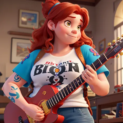 Create as a Disney Character in High Definition, Chubby redhead woman with colorful tattoos on her arms, tocando guitarra vermelha, camiseta regata escrito "MR. BIG".