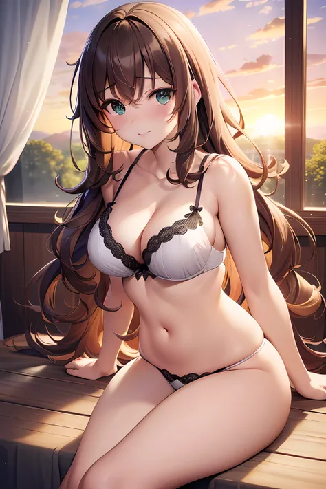 ((masterpiece, best quality, highres, UHD, perfect pixel, depth of field, 4k, RTX, HDR)), 1girl, single, solo, 24 years old, beautiful anime girl, beautiful artstyle, anime character, ((long hair, bangs, brown hair, curly hair)), (green eyes:1.4, rounded e...