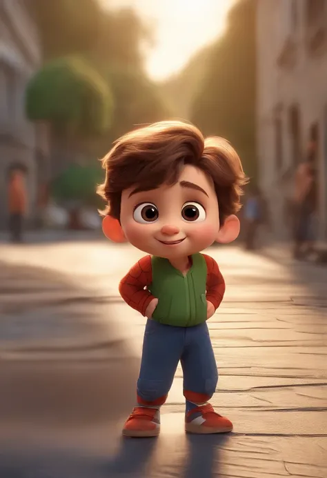 a happy cute kid standing short hair, vestindo uma fantasia do homem aranha, , fundo branco, barnet, Tom, Estilo Pixar, ....3d, desenhos animados, rosto detalhado, asymmetrical 16k