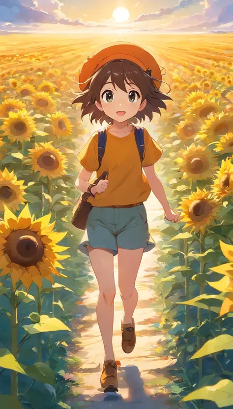 The little hedgehog runs out into the field on a sunny morning in search of sunflowers。 He saw a sea of golden flowers，Jumped in excitedly。 He picked one of the largest、The prettiest sunflowers，Wear it on your head，Its like a pretty hat。 Detailed illustrat...