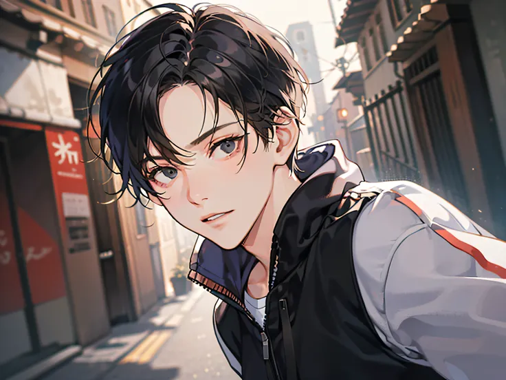 masutepiece, Detailed picture,Single male,late 20s age, The upper part of the body, A dark-haired, Black eyes, gloom, Reach out to the viewer,Dynamic Angle,Wearing a sweatshirt,Reviewer is watching, background is back alley