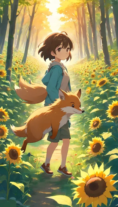 The little hedgehog walks into the forest on a dark and mysterious afternoon to explore。 He met a fox，The fox is an intelligent and cunning animal。 The fox was curious about the sunflowers on the little hedgehog，Ask him why hes wearing it。 The little hedge...