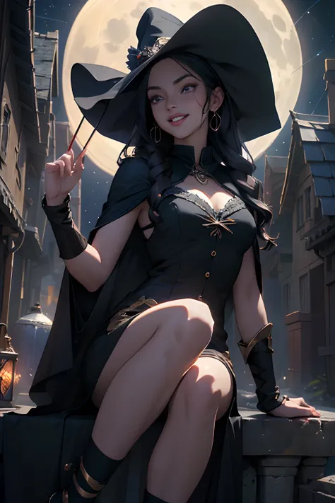 01_(Cheerful witch on a broom),(young girl, dressed as a witch - Halloween),(very cheerful, open mouth, white teeth, smile), (big beautiful eyes), (long curly hair),(dressed in black satin- silk dress, long dark cape - mantle, with red lining). Witchs hat ...