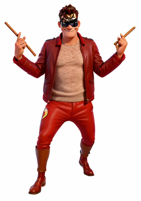 Make a Disney Pixar style poster. The character is a dark-haired man dressed in a red leather jacket and red pants holding two sticks, inspired by the comic book character The Flash, Retrato de Lucha Libre DJ, with suit and prickly sunglasses.