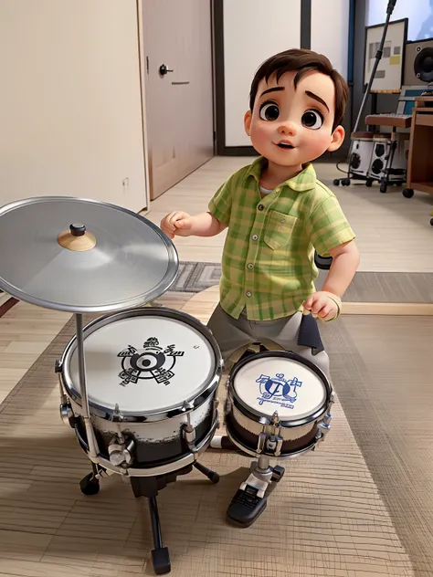 A baby in a studio playing drums