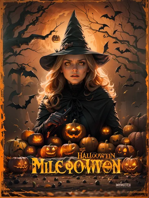 Halloween action, horror movie poster, a witch at center object with pumpkins, dark move poster, realistic, dark effects poster,24K HD graphics, best quality poster, masterpiece movie poster