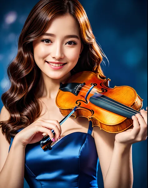 Violin and Photography、4Ｋ、cameraman、a blue dress、Stradivarius、spot light、A big smile、Violin and Photography、Lifelike face、Korean Women、ren、kawaii、Beautie、