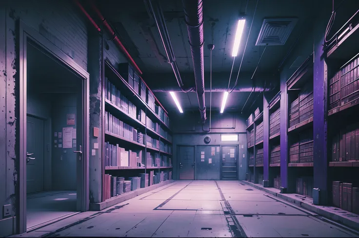 industrial, clean, brutalisim, empty, creepy, mysterious, library, liminal, backrooms, interior, blue, purple, dark lighting, lab, oil painting, painting, cyberpunk --auto --s2