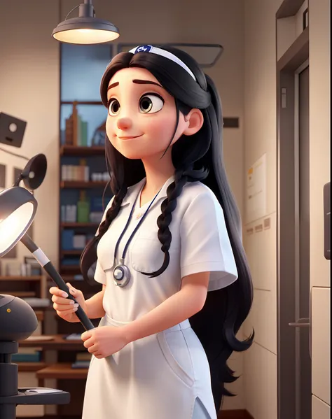 Pixar drawing A wise young white woman with long black hair ,  olhos castanhos escuros jaleco branco, Nurse standing in front, illuminated by the light of a lamp, contra o pano de fundo de um hospital