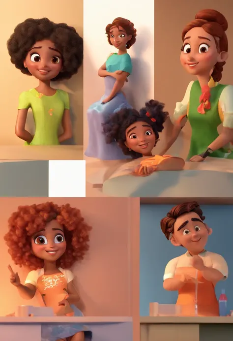 An illustration of an adorable woman, destacando uma mulher bonita pele oscura, Expressive eyes – the womans skin is black and the womans hair is large and curly. Desenvolva esta arte em Full HD, Focus on your cinematic touch, Estilo Disney Pixar Animation...