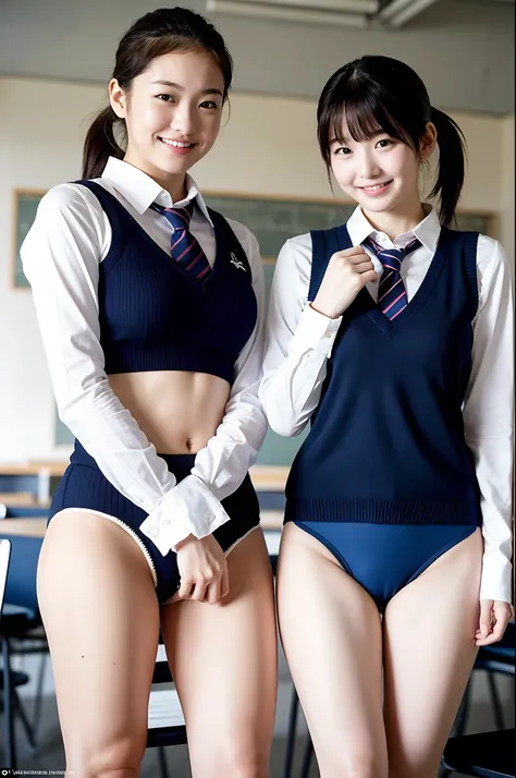 girls standing in school classroom,vest style navy blue knitted school swimsuit with white shirt and tie,18-year-old,bangs,a little smiles,thighs,knees,crotch,low ponytail,from below