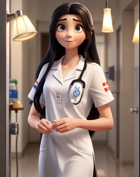 Pixar drawing A wise young white woman with long black hair ,  olhos castanhos escuros jaleco branco, Nurse standing in front, illuminated by the light of a lamp, contra o pano de fundo de um hospital