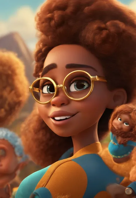 Menina, cabelo loiro dourado longo, olhos castanhos, pele branca, oculos um pouco redondo e preto como personagem pixar