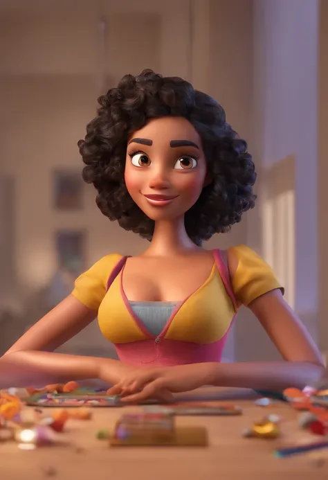 An illustration of an adorable woman, destacando uma mulher bonita pele oscura, Expressive eyes – the womans skin is black and the womans hair is large and curly. Desenvolva esta arte em Full HD, Focus on your cinematic touch, Estilo Disney Pixar Animation...