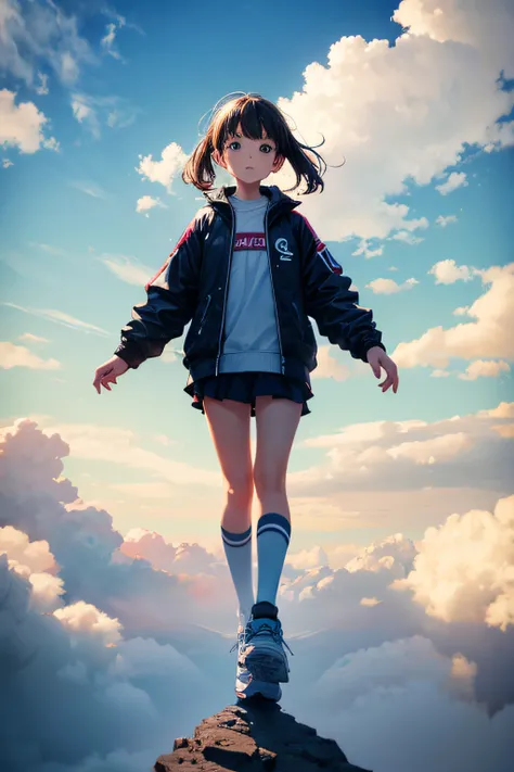 A young and active girl stands in the clouds