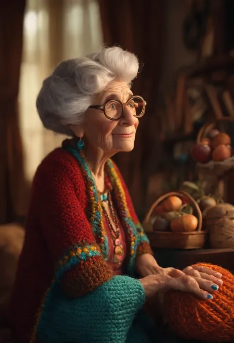 An Elderly Woman of Dreams Inspired by Pixar Animation, de perto. Facial expressions are captivating, com um toque de irrealidade. Teaching her granddaughter to crochet