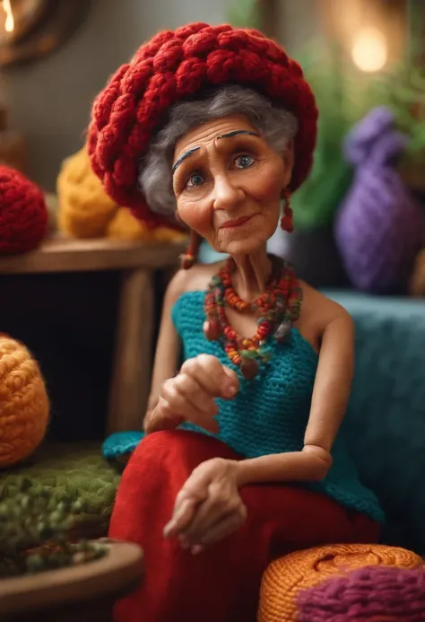 An Elderly Woman of Dreams Inspired by Pixar Animation, de perto. Facial expressions are captivating, com um toque de irrealidade. Teaching her granddaughter to crochet