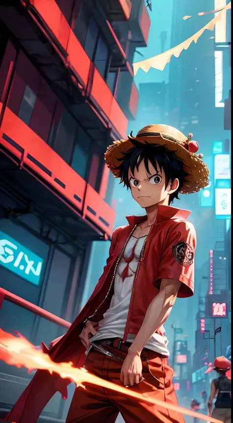 crie um monkey d. Luffy from the One Piece anime dressed in cyberpunk clothes in a cyberpunk setting with a light effect in the background and a red aura