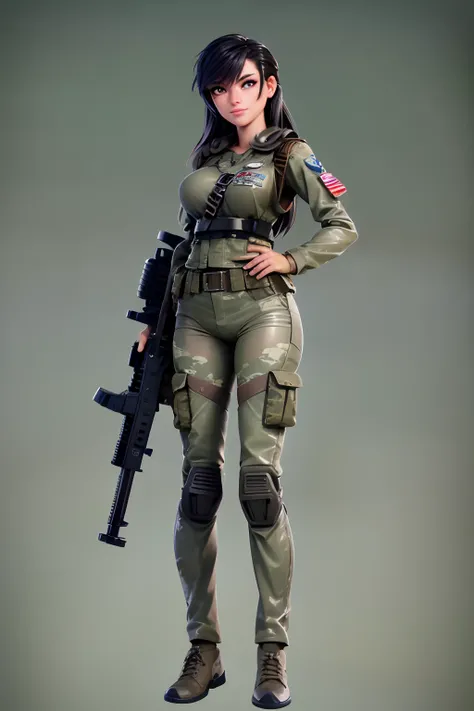 Full body like, Filipino woman holding a rifle in military uniform, 24-years-old, athletic physique, tanned bronze skin, mechanized soldier girl, soldier girl, Beautiful digital artwork, trending on cgstation, military girl, Realistic anime 3 D style