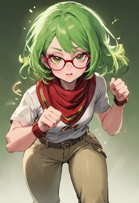 Mulher com 46 anos, cabelos lisos e longos, franja lateral, cabelos escuros com mechas loiras, olhos castanhos escuros, Wearing glasses with red frames, with freckles on the cheekbone, vestindo camisa de manga curta verde garrafa, na manga direita da camis...