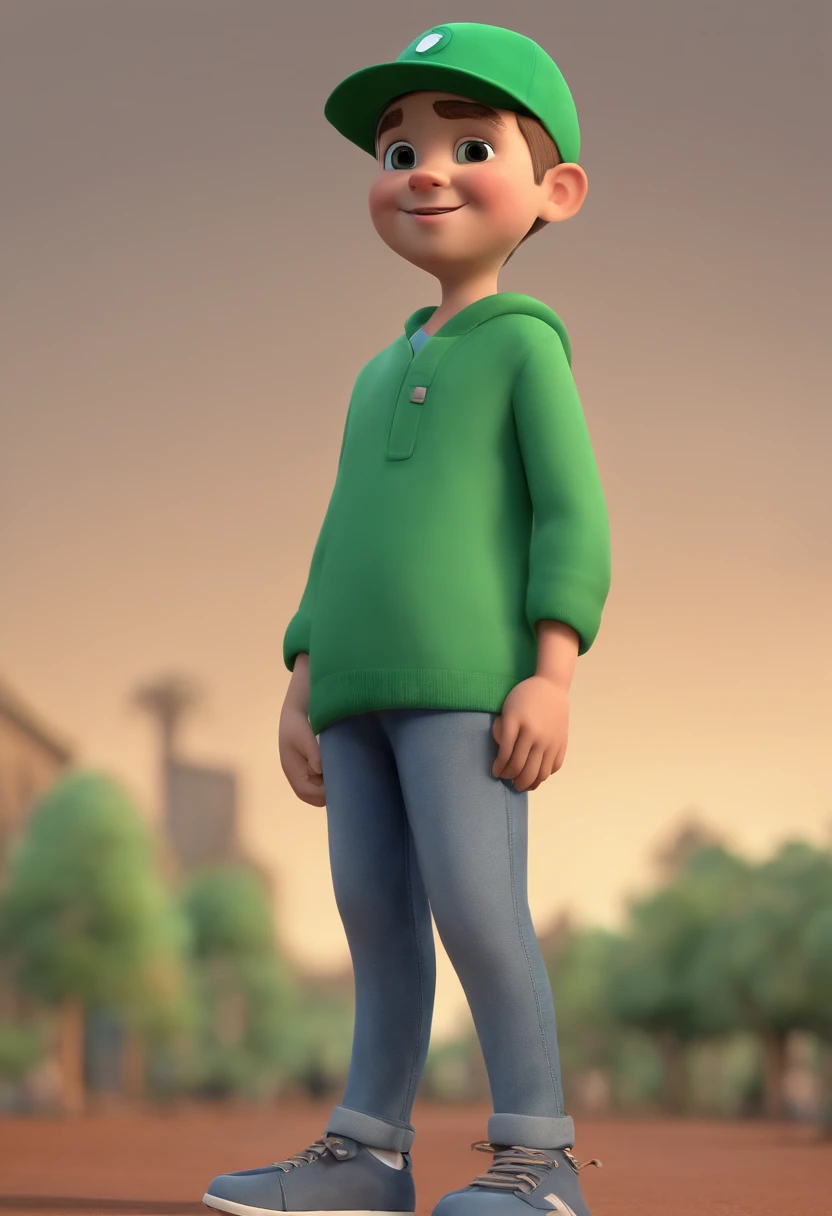 A happy cute boy standing short hair with green cap , vestindo uma camisa azul , , fundo branco, barnet, Tom, Estilo Pixar, ......3d, desenhos animados, rosto detalhado, asymmetrical 16k