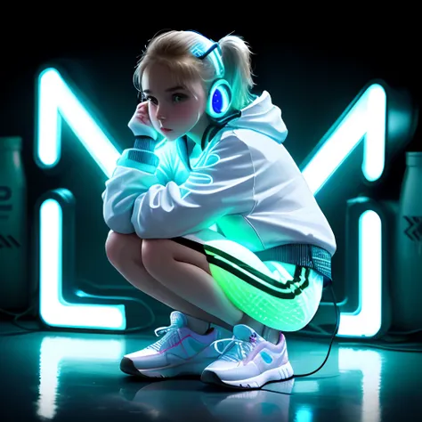 Night　Girl crouching　White sportswear　Glowing sneakers　ear phone　Neon light　signboard