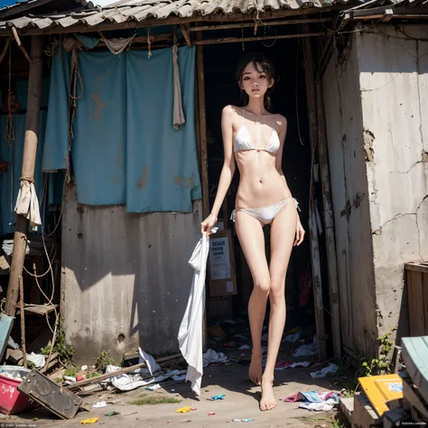 Slums, garbage heaps, many, many men, obscene, crowded, crowded, best quality, full body portrait (1:1), delicate face, 18 year old girl, slim and slender figure, skinny, smaller bust, white transparent bikini, looming, panties to crotch, barefoot, complet...