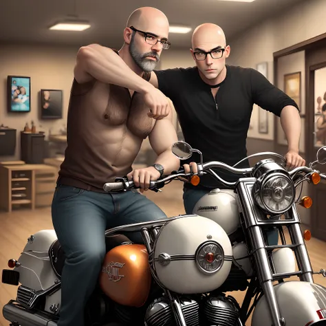 Create a "Disney Pixar" type scene of a thin, bald, white man with a black beard and square glasses, riding a Harley Davidson with a barbershop background