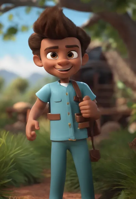 Personagem dos desenhos animados de um homem, cabelo liso preto, barba estilo cavanhaque, olhos verdes, segurando um ipade uma camisa azul, animation character, Caractere estilizado, animation style rendering, 3D estilizado, Arnold Maya render, 3 d render ...