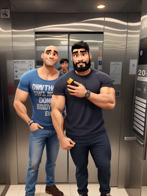 dois homens em um elevador, One is bald and the other has black hair and beard, Theyre both muscular. estilo disney pixar, alta qualidade, melhor qualidade