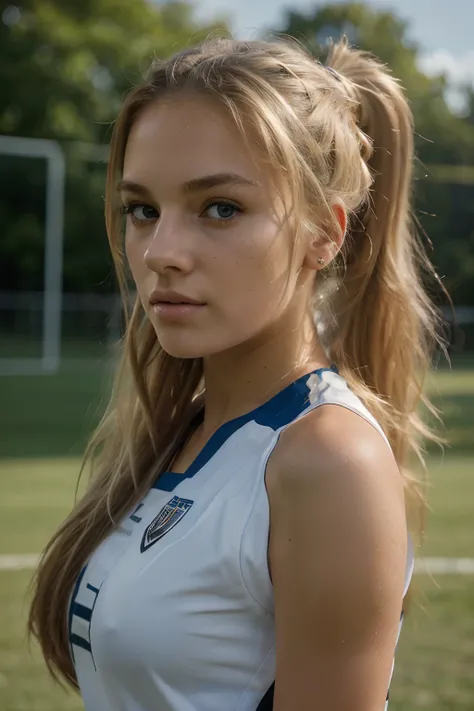 (8k, ultra high res, best quality, high_quality, masterpiece:1.2), realistic, (ultra detailed eyes and face), (ultra detailed beautiful skin), solo, 1 girl, College girl, soccer player, on soccer field, long blonde hair in ponytail, medium breasts