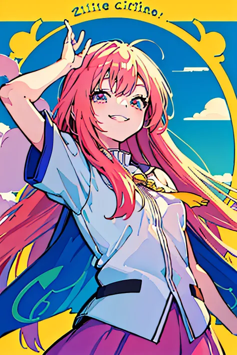 Anime girl with long hair smiling and looking up at the sky, and she smiling，Very happy, happy and spirited expression, shes smiling, Happy expression, she expressing joy, smiling expression, Happy girl, Smiling girl, anime visual of a cute girl, lofi-girl...