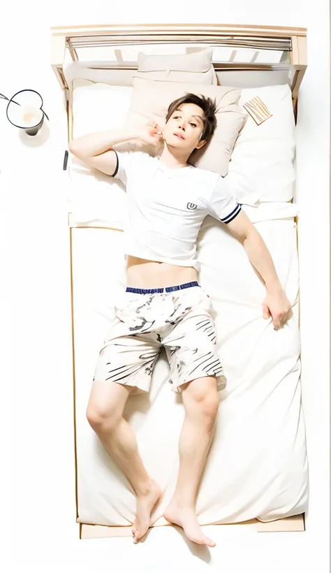 A boy lying on the bed reveals his stomach