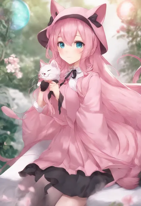 Anime girl with pink hair and pink hat and pink dress, cute anime catgirl, Very Beautiful Anime Cat Girl, pink twintail hair and cyan eyes, anime catgirl, pink fox, Anime girl with cat ears, soft anime illustration, kemonomimi, beautiful anime catgirl, Hol...