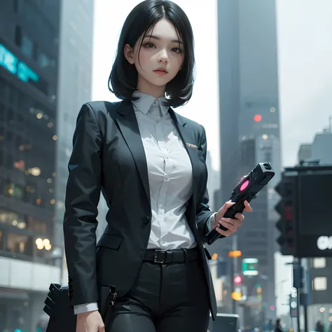 Beautuful Women. Black hair. Dressed in a black recruit uniform、In one hand he holds something like a flashlight. She was standing in the middle of the city,、The weather is cloudy.