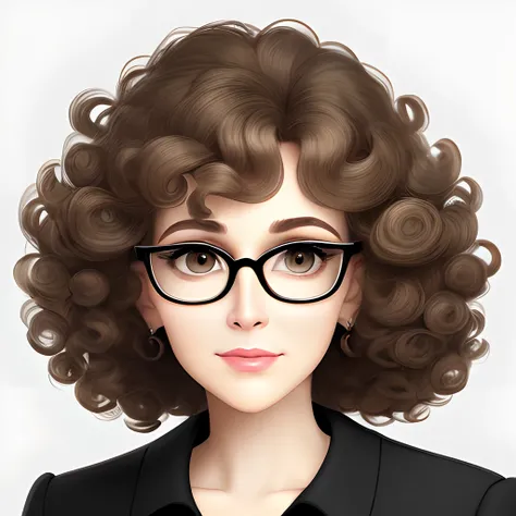 Woman 40 years old white skin curly hair brown color small eyes fleshy mouth big eyelashes pixar style wearing elegant clothes black square glasses