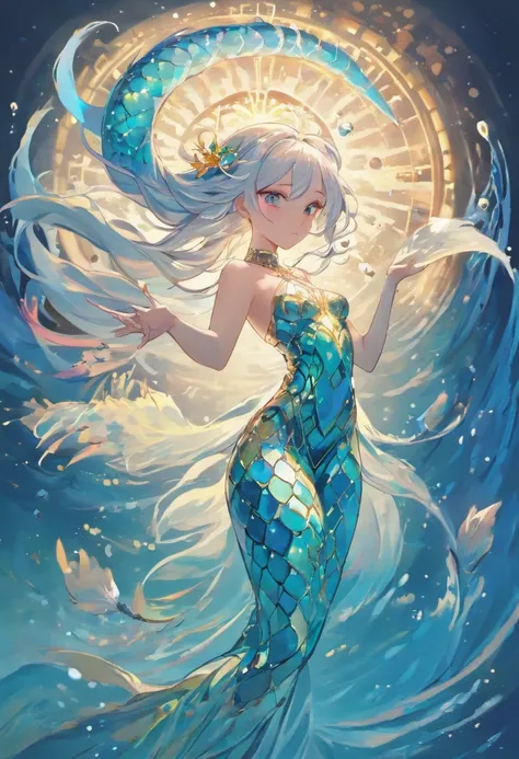 in 8K，She interprets perfection、Mermaid with imperial stature，She can be called the goddess of heaven。Her figure shimmers with rainbow hues，It was as if the essence of the beauty of the sea was within her。ella，Liquid sapphire deep pool，Master the mysteries...