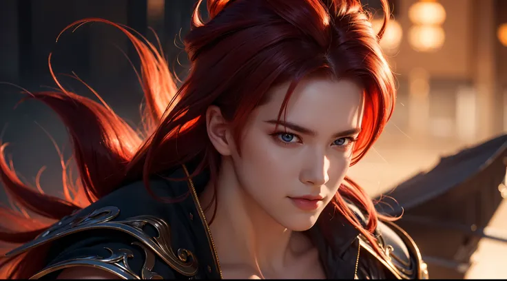 An 8k masterpiece, highest resolution, every detail, meticulous detail, depth of field, bright colors, beautiful composition: stunning take on an anime character Gohan with brilliant red hair and beautifully detailed glowing eyes, standing against a dark a...