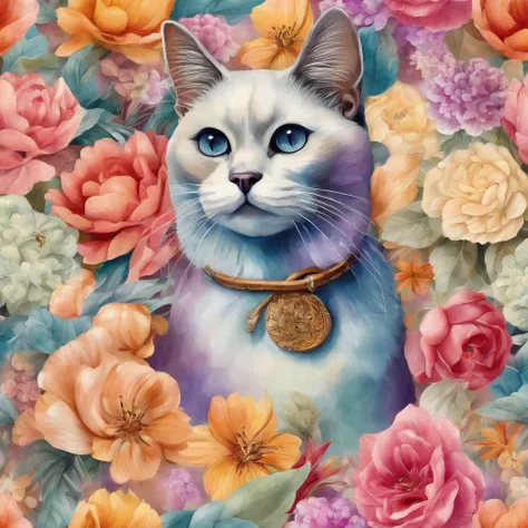 Spectacular full body view，A super cute and charming rainbow color fluffy bold flowers hipster Burmese cat surfing surfing in vibrant collage fashion, Shape a vintage style in a multi-colored dream. Photo with the diamond ukulele, Textured fur, Realistic 8...