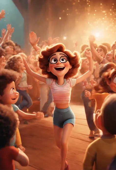 "(best quality,ultra-detalhado,Realistic:1.37),3D rendering,illustration,design de personagens,cabelos curtos e cacheados escuros,belos olhos detalhados,wearing white glasses,Estilo Pixar,morena mulher,Dancing on the Disney stage,atmosfera animada,vivid co...