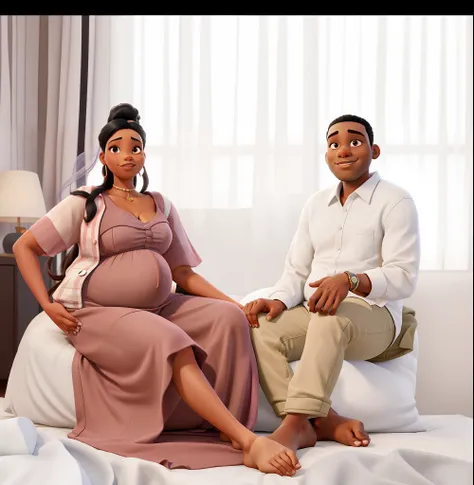 Um casal, Black pregnant woman sitting on bed, A black man sitting on the bed with his hand on his knee, estilo Disney Pixar Alta qualidade melhor qualidade.