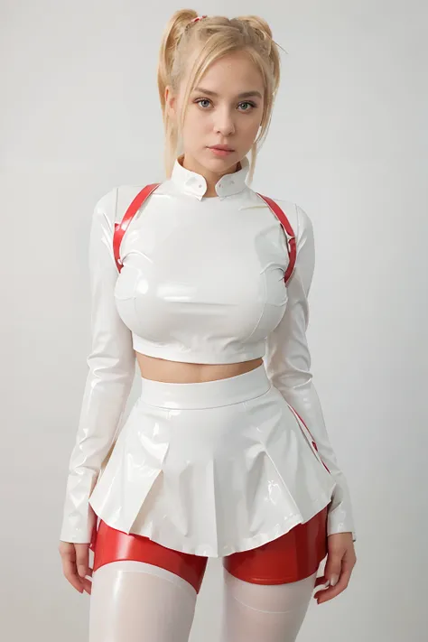 Gorgeous young sexy girl with blonde hair and space buns in white latex blouse, red latex skirt and white latex stockings with red patent leather shoes. School girl with perfect face, busty and cute.