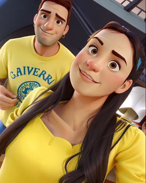 Casal (homem moreno e mulher branca) no estilo Disney Pixar, alta qualidade, melhor qualidade.