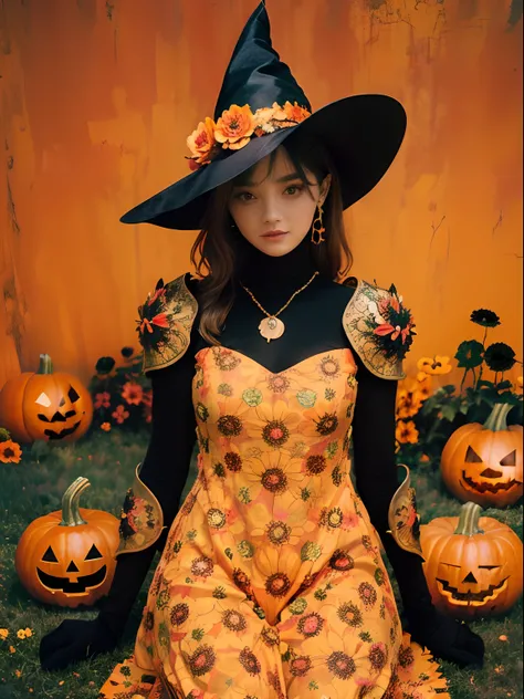 woman, flower dress, colorful, pumpkin, colorful background, flower armor, halloween theme, witch outfit, pumpkin