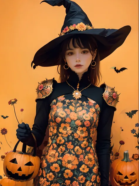 woman, flower dress, colorful, pumpkin, colorful background, flower armor, halloween theme, witch outfit, pumpkin