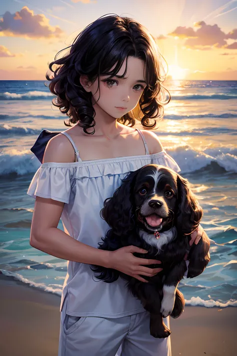 Disney Pixar-style cover of a 4-year-old boy with shoulder-length curly hair with a dark complexion,feliz y su perro cocker spaniel blanco con muchas manchas negras jugando en la playa