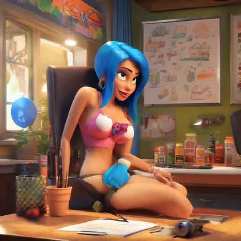 create a 3D movie poster inspired by Disney Pixar, The scene should be in Pixars signature digital art style, com uma imagem caricatural que lembra a cantora brasileira "Anita" in the prone position, Wearing a bikini while a tattoo artist is sitting tattoo...